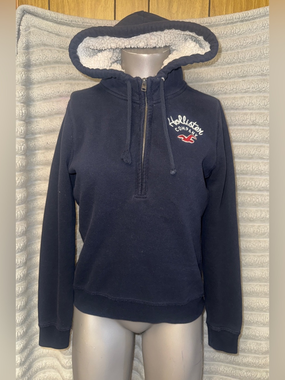 Hollister Y2K Dark Navy Sherpa Lined Quarter Zip Hoodie L